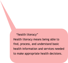 “health literacy” 
Health literacy means being able to find, process, and understand basic health information and services needed to make appropriate health decisions.